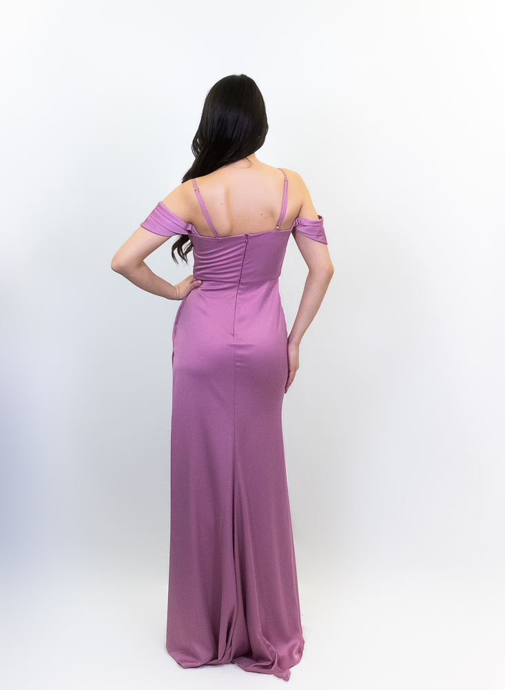 Cecilia: Maxi σατέν φόρεμα off shoulder μανίκια - 2
